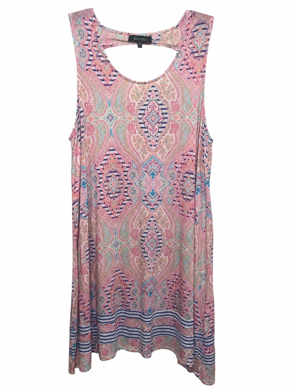 Ellen Tracy XL Pink Paisley Sleeveless Swing Dress Border Print Boho Midi